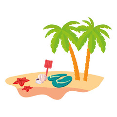 summer beach scene with tree palms and flip flops