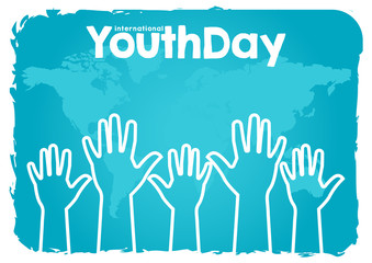 stock vector international youth day,12 August. hands up on world map blue background