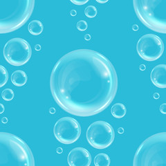 Seamless pattern with realistic transparent floating soap bubbles. Design element for advertising booklet, flyer or poster
