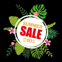 Summer sale template banner, poster with palm leaves, jungle leaf