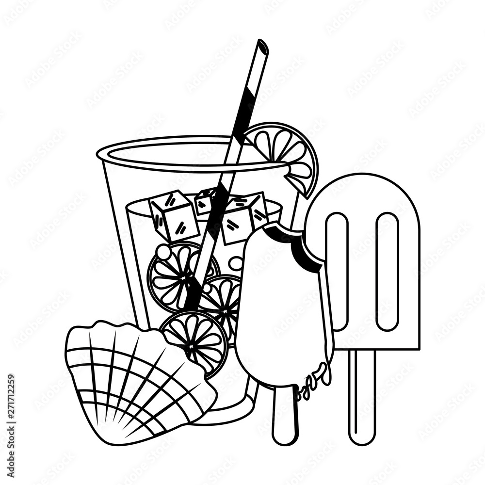 Poster Lemonade with popsicle ice cream and shell in black and white