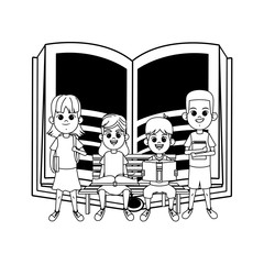 young kids with books on a bench black and white