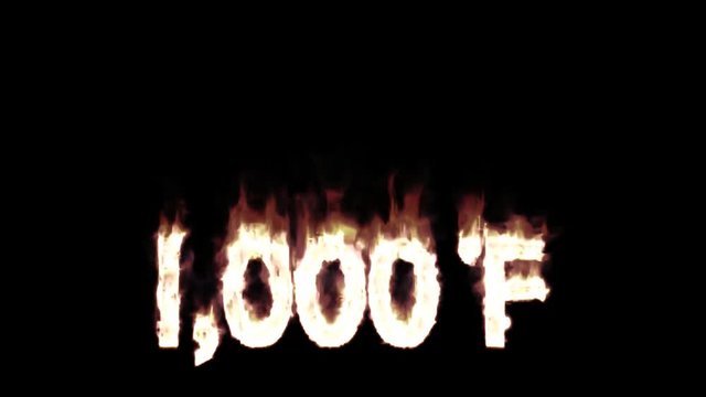 Animated burning or engulf in flames all caps text 1000 Degree Fahrenheit. Isolated and against black background, mask included.