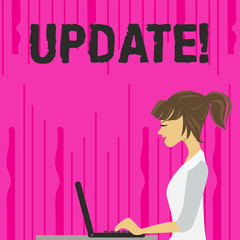 Text sign showing Update. Business photo text Up to date with latest developments updated photo of Young Busy Woman Sitting Side View and Working on her Laptop