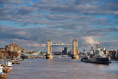 Evening View Of Tower Bridge At Sunset Over Dramatic Cloudy