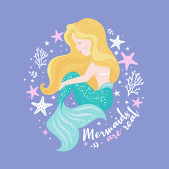 Beautiful mermaid on lilac background for t shirts or kids fashion artworks, children books. Fashion illustration drawing in modern style. Cute Mermaid. Girl print