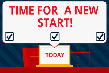 Handwriting text writing Time For A New Start. Conceptual photo something is supposed to begin right now Fresh job Blank Huge Speech Bubble Pointing to White Laptop Screen in Workspace Idea