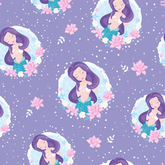 Lilac mermaid pattern for kids t-shirts, fashion artwork, children books, prints and fabrics or wallpapers. Girl print. Design for kids. Fashion illustration drawing in modern style for clothes.