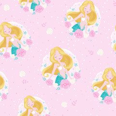 Mermaid blonde. Pattern for kids fashion artwork, children books, prints and fabrics or wallpapers. Girl print. Design for kids. Fashion illustration drawing in modern style for clothes.