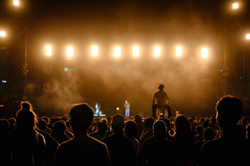 Fototapeta na wymiar Silhouette youth audience are watching the night concert