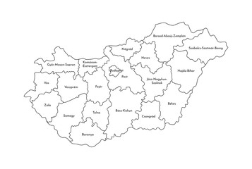 Vector isolated illustration of simplified administrative map of Hungary. Borders and names of the regions. Black line silhouettes