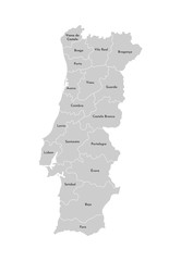 Vector isolated illustration of simplified administrative map of Portugal. Borders and names of the provinces (regions). Grey silhouettes. White outline