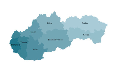 Vector isolated illustration of simplified administrative map of Slovakia. Borders and names of the regions. Colorful blue khaki silhouettes