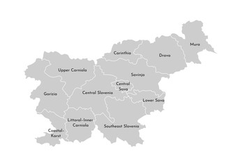 Vector isolated illustration of simplified administrative map of Slovenia. Borders and names of the provinces (regions). Grey silhouettes. White outline