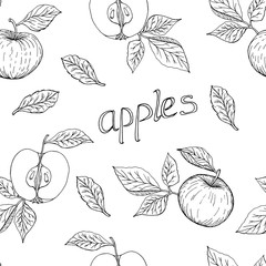 Seamless pattern of hand drawn apples with leaves and lettering vector illustration