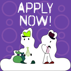 Handwriting text writing Apply Now. Conceptual photo request something officially in writing or by sending in form Figure of Two Men Standing with Pouch Bag on White Sticker Style Snow Effect
