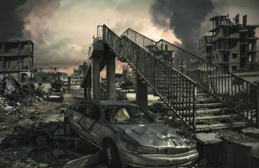 Destroyed city, houses and cars at Unfair war/Aerial bombardment