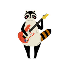 Raccoon Playing Electric Guitar, Cute Cartoon Animal Musician Character Playing Musical Instrument Vector Illustration