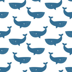 Seamless pattern with blue whales. Bright cartoon print. Art can be used for International Day of the Whales. © Anastasiia Komarova