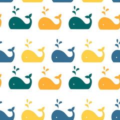 Seamless pattern with whales. Bright cartoon print. Art can be used for International Day of the Whales.
