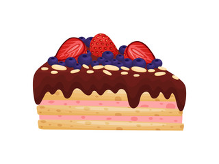 Layered piece of cake with pink cream. Vector illustration on white background.