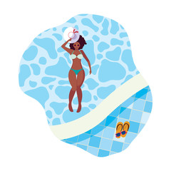 beautiful afro woman with swimsuit floating in pool