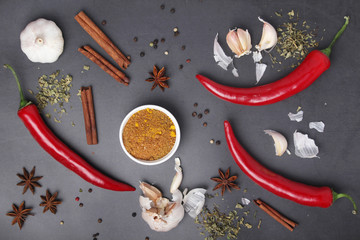 Chili peppers and other spices top view