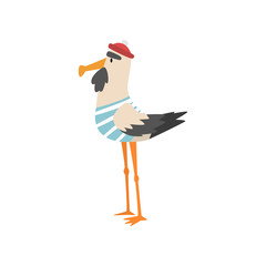 Seagull Sailor, Funny Bird Cartoon Character in Blue White Vest and Cap, Side View Vector Illustration