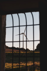 View from inside a window to the natural exterior and a windmill in the background on a golden sunset. Clean and renewable energy