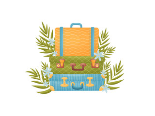 Stack of three suitcases of different colors. Vector illustration on white background.