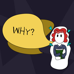 Handwriting text writing Whyquestion. Conceptual photo Asking for specific answers of something interrogate inquire Girl Holding Book with Small Hearts Around her and Two Color Speech Bubble