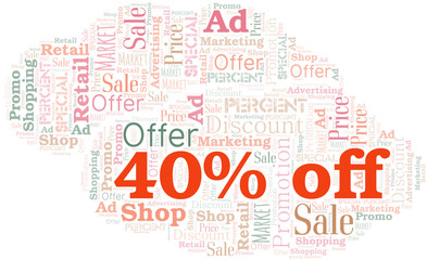 40% Off word cloud. Wordcloud made with text only.