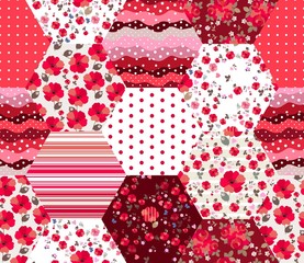 Bright seamless patchwork pattern in red colors. Patches with floral and geometric ornament. Trendy quilt design.