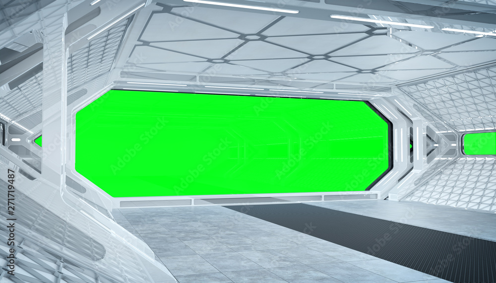 Poster White blue spaceship futuristic interior mockup with window view 3d rendering