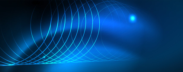 Fototapeta premium Neon glowing techno lines, hi-tech futuristic abstract background template, vector