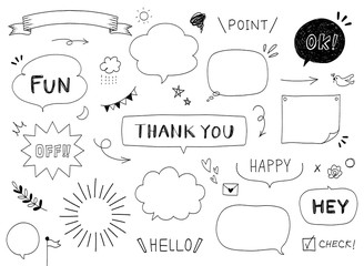 Set of cute vector doodle speech bubbles.Text illustration in hand drawn style. 