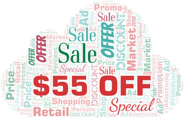Fototapeta premium $55 Off word cloud. Wordcloud made with text only.