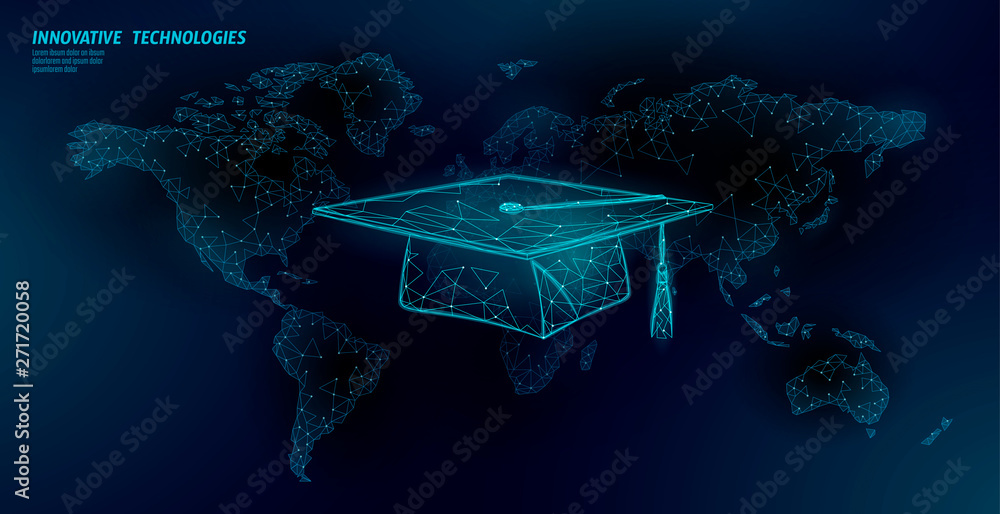 Poster e-learning distance graduate certificate program concept. low poly 3d render graduation cap on world