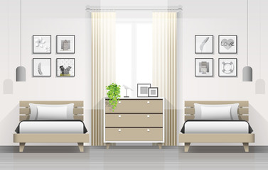 Interior background of modern bedroom with twin beds , vector , illustration
