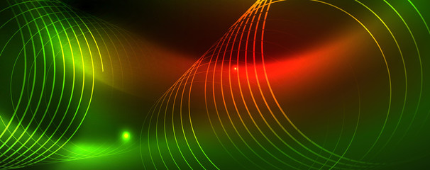 Techno glowing background, futuristic dark template with neon light effects and simple forms, vector