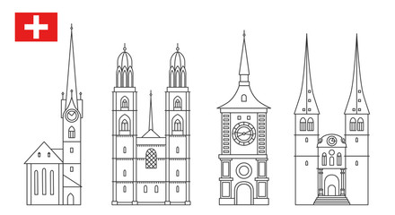 Set of Switzerland landmark icons in outline style