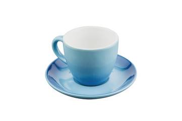 Single blue empty ceramic cup for drinks or other liquid products with circle saucer isolated on white background