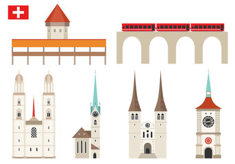 Set of Switzerland landmark icons in flat style