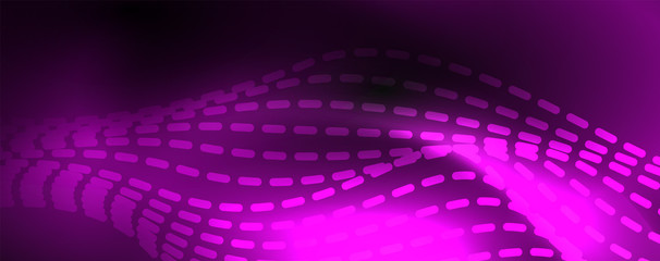 Smoky glowing waves in the dark. Dark abstract background with neon color light and wavy lines. Vector