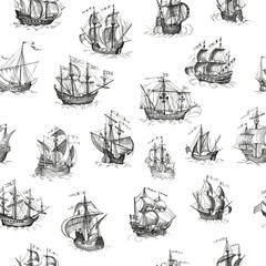 Old caravel, vintage sailboat. Vector seamless pattern