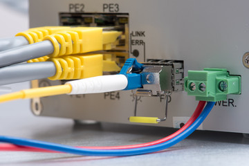 Fiber optic and network ethernet patch cord cable connect to the switch
