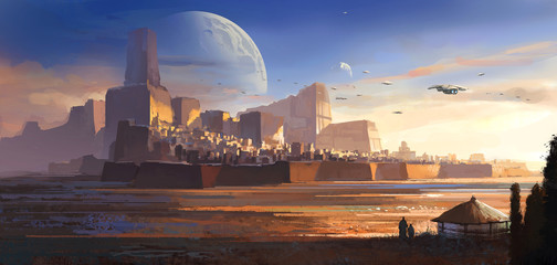 Desolate alien, desert castle, science fiction illustration, digital illustration,3D rendering. © liuzishan
