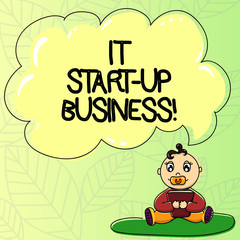 Word writing text It Start Up Business. Business concept for company that is in first stage of its operations Baby Sitting on Rug with Pacifier Book and Blank Color Cloud Speech Bubble