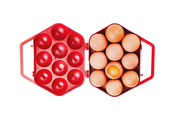 Single red plastic box full of set of whole and one broken fresh egg isolated on white background. Top view