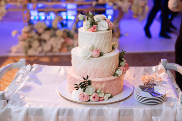 Big white wedding cake with pink roses on table